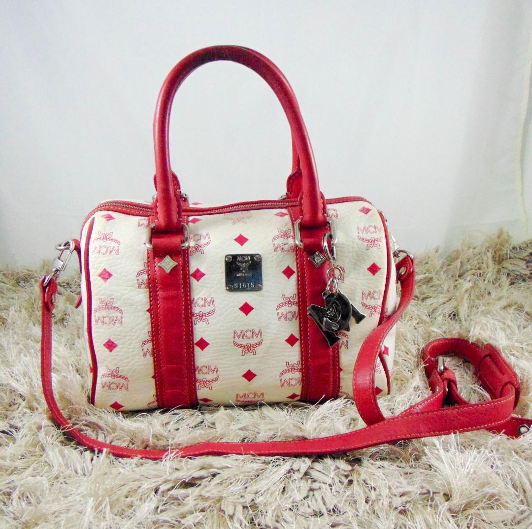 MCM Pink Red Fuschia Speedy Boston White Satchel, Women's Fashion, Bags u0026  Wallets, Purses u0026 Pouches on Carousell
