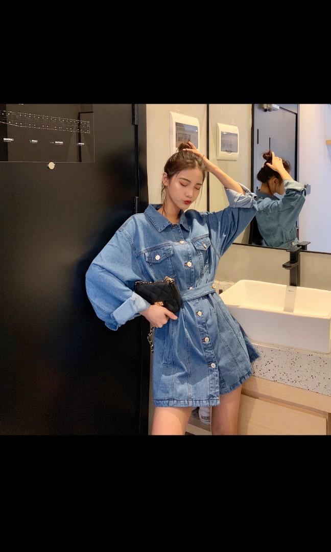 white christmas dresses Pascale Off Shoulder Denim Mini Dress - Washed Dark Blue main image 1
