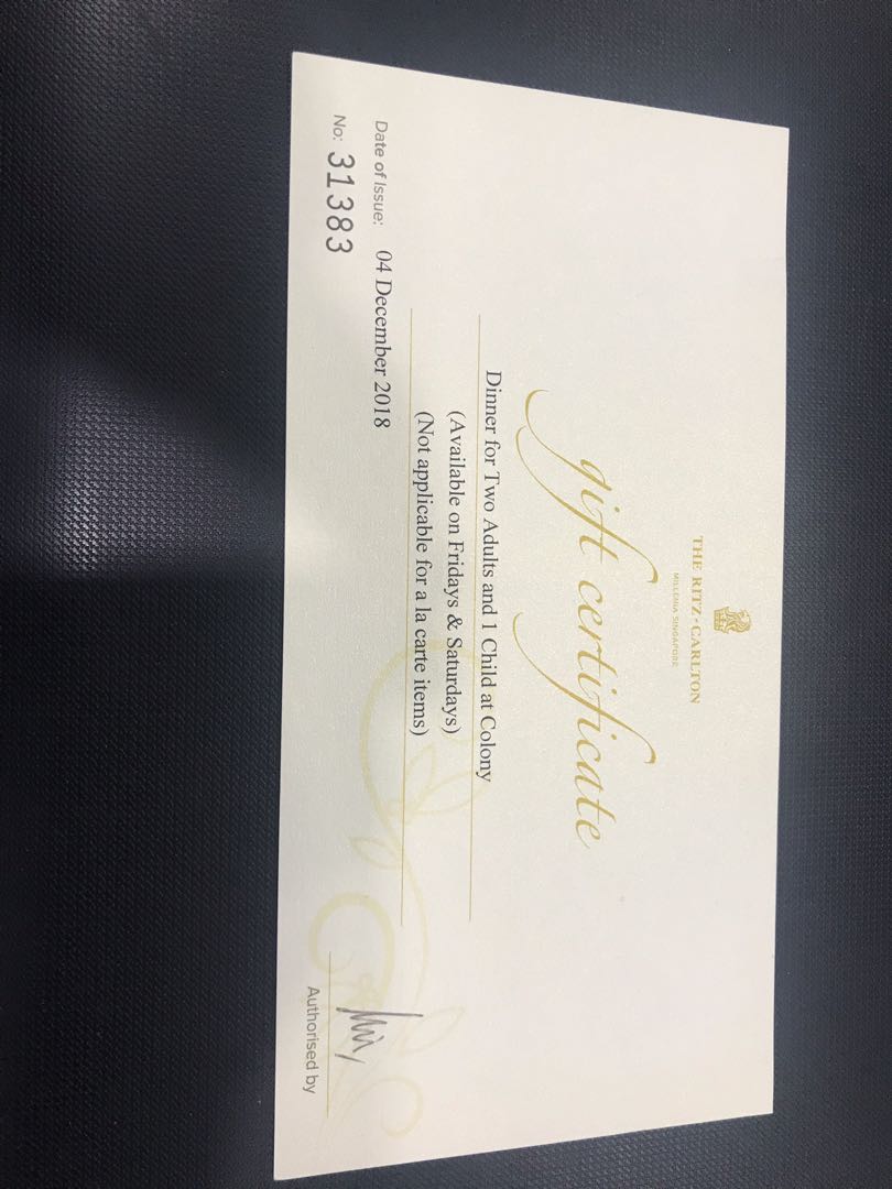 Ritz Carlton Dinner Voucher for 2 Adults 1 Child, Lifestyle Services ...