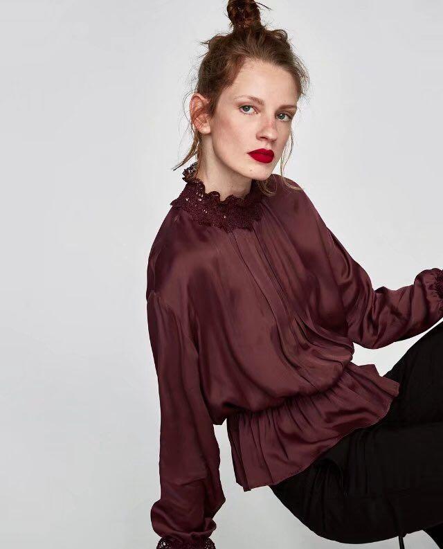 Zara satin burgundy maroon blouse Top, Women's Fashion, Tops, Blouses on  Carousell