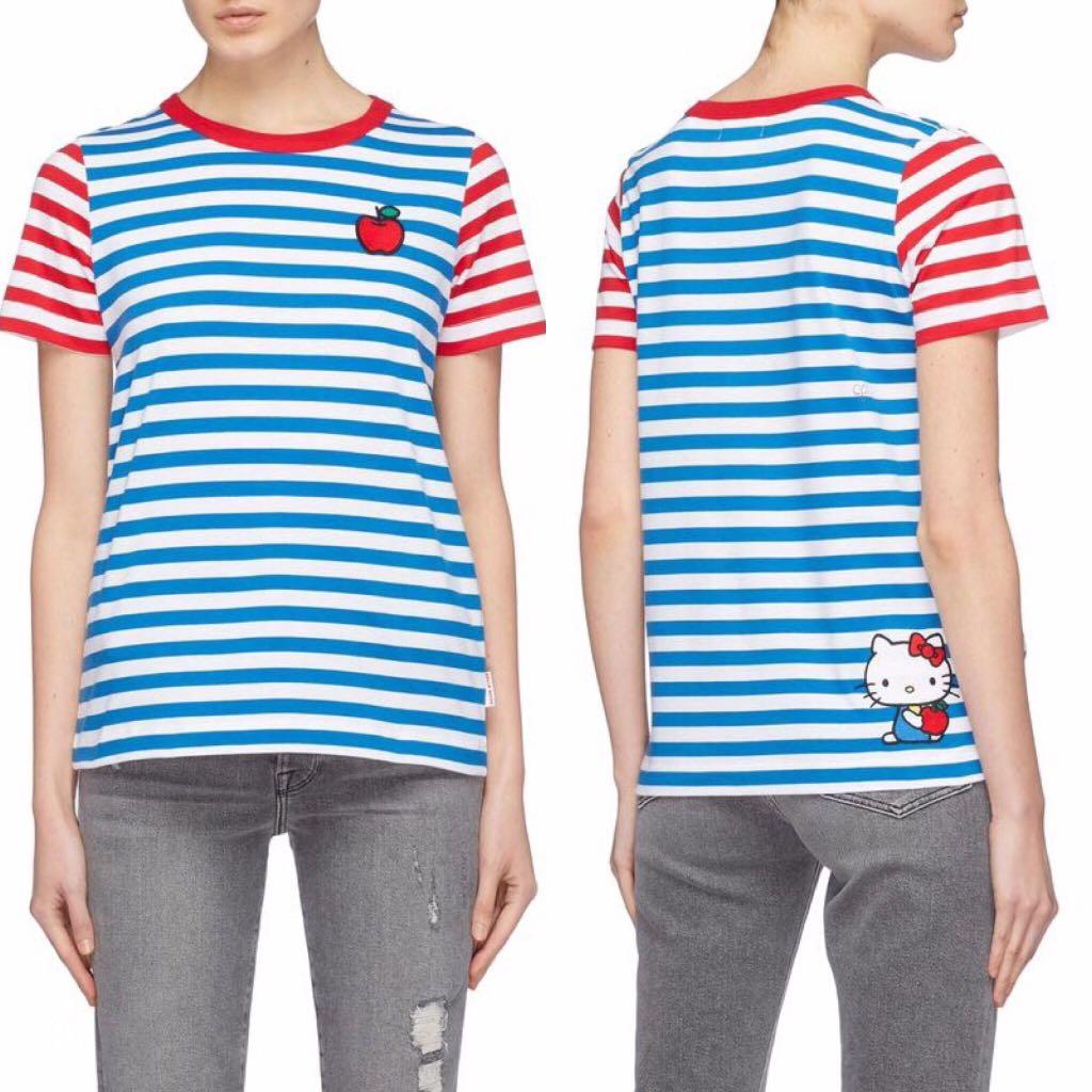 BNWT Authentic Chinti and Parker Women s Blue X Hello Kitty Graphic Appliqu Stripe T shirt