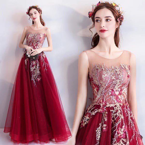Burgundy Silver Gold Floral Embroidery Long Evening Gown Maxi Dress Prom Dress Dinner Dress Bridal Dress Bridesmaid Dress RENT