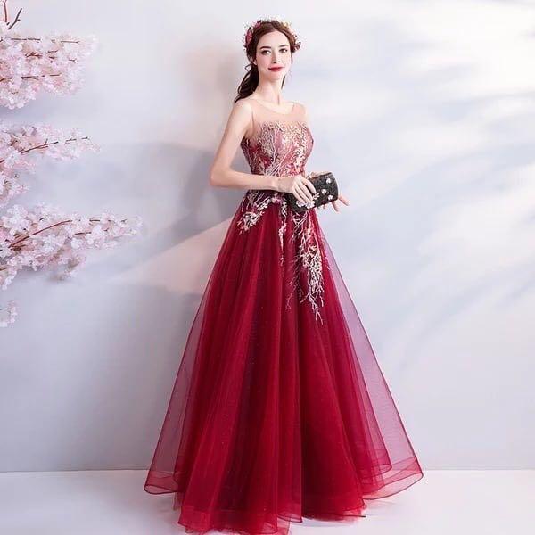 Burgundy Silver Gold Floral Embroidery Long Evening Gown Maxi