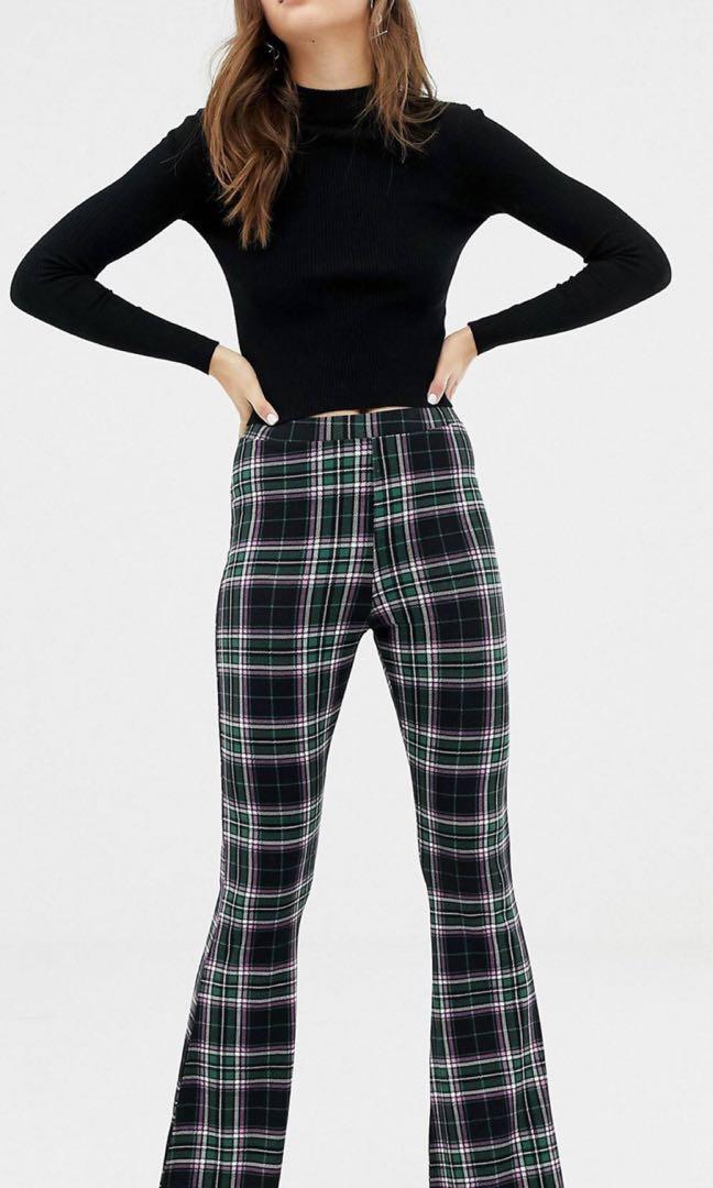 Checkered Flare Pants, Women's Fashion 