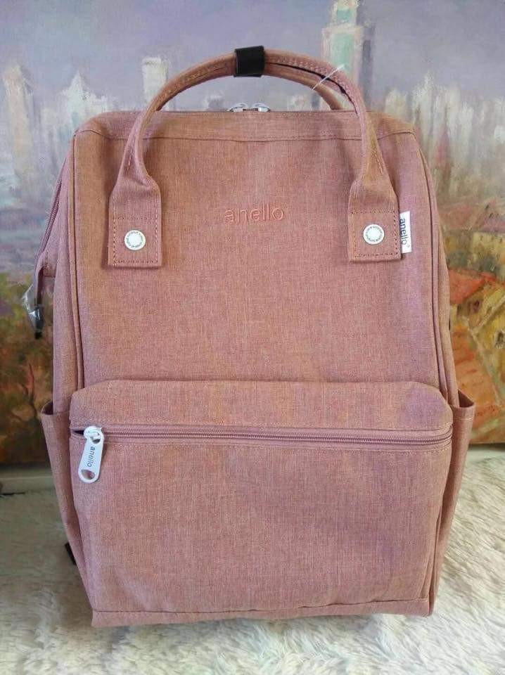 A.N.E.L.L.O Japan Made 3Way Convertible Bag Dense Mottled Polyester Canvas  Mickey Print Unisex Backpack / Shoulder Bag - Light Pink / Grey