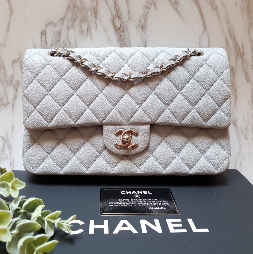 CHANEL Grey Medium Classic Flap bag in Caviar with SILVER Hardware, Luxury,  Bags & Wallets on Carousell