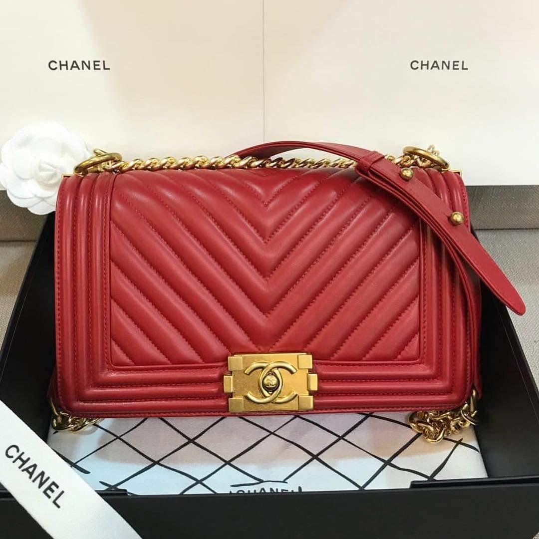 Chanel Le Boy Red Chevron In Lambskin Leather Ghw, Luxury, Bags & Wallets  On Carousell