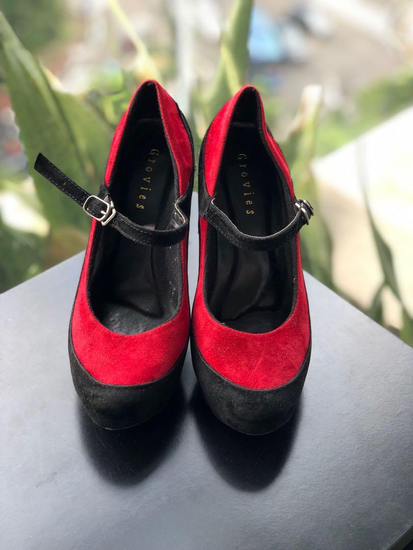 Red Black Heels Pump Shoes Sepatu Hak Tinggi