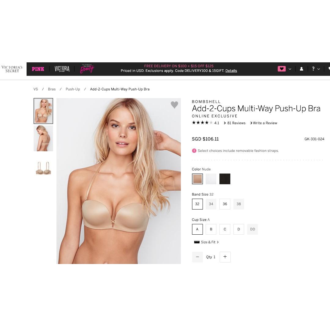 Victoria's Secret Bombshell Push Up Bra, Add 2 Cup Sizes, Sexy Straps (32A -38DDD)