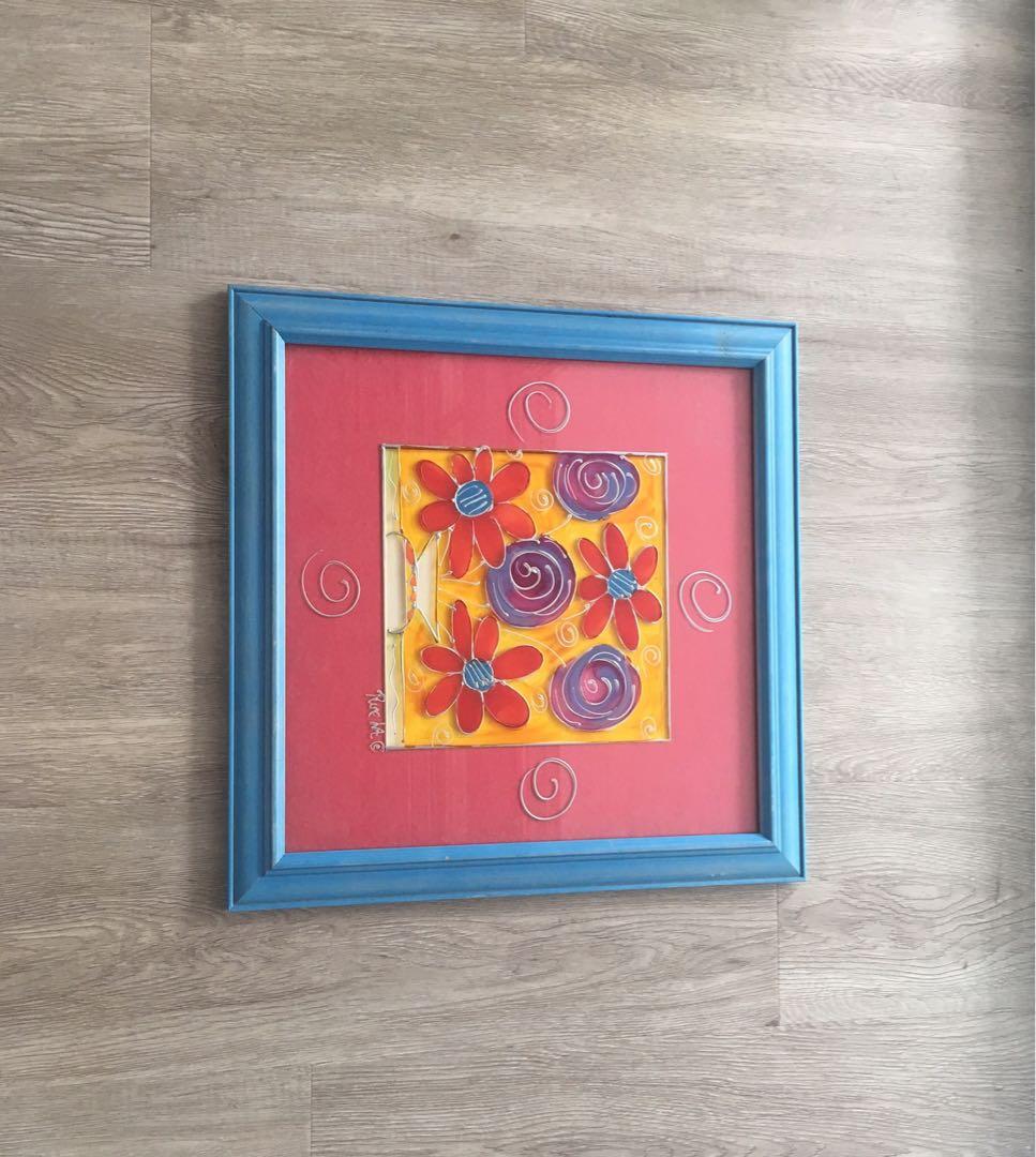 Beautiful Flowers On Glass Painting With Wooden Frame Design