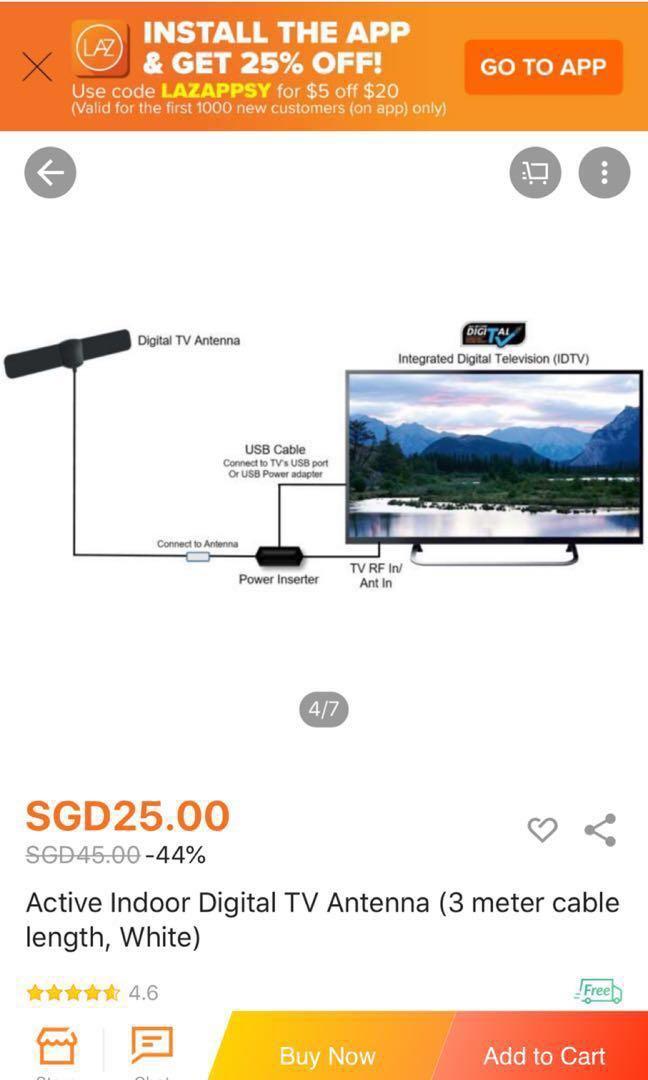 Digital Tv Indoor Active Antenna 3 Meters White Tv Home Appliances Tv Entertainment Tv Parts Accessories On Carousell