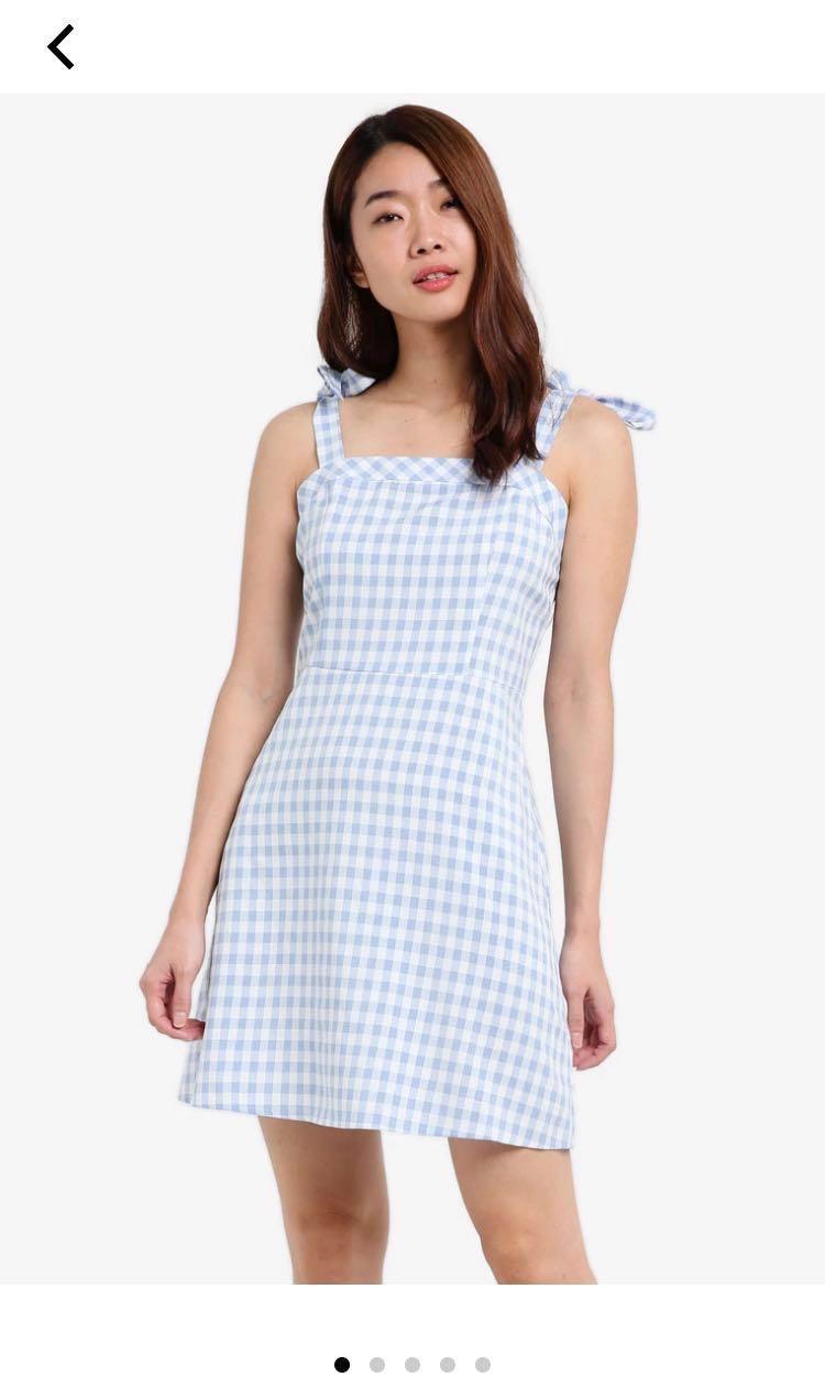 ZALORA TIE SHOULDER FIT FLARE DRESS BLUE CHECKERED Women s Fashion Tops Sleeveless on Carousell