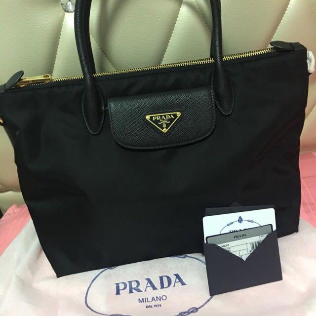 Prada Women's Black Tessuto Nylon/Saffiano Leather Shopping Tote Bag 1BA106  : Clothing, Shoes & Jewelry 