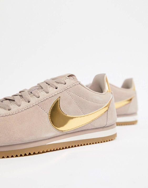 nike taupe with gold swoosh suede cortez trainers