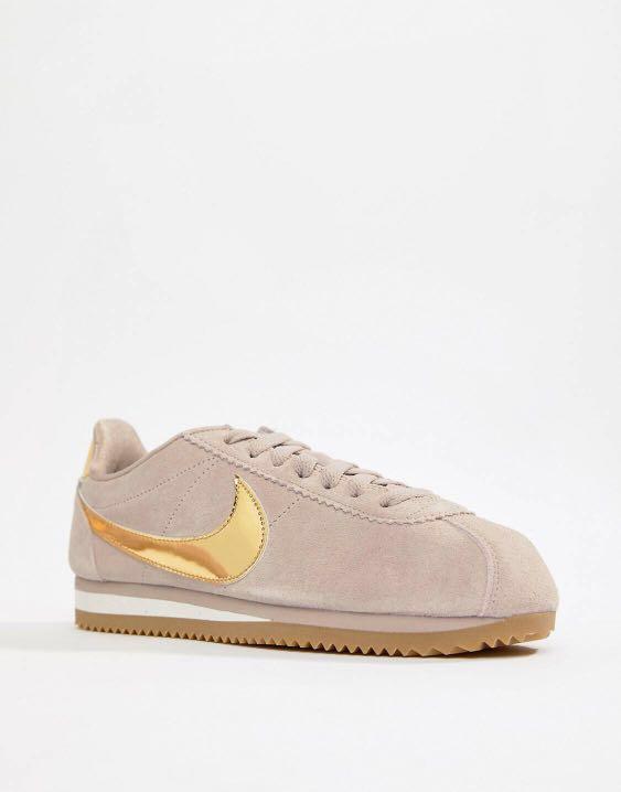 nike taupe with gold swoosh suede cortez trainers