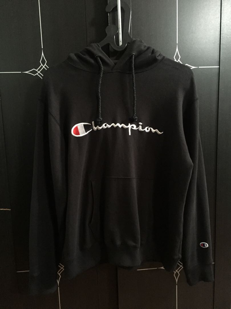 Champion Script Hoodie Black Original Bordir Fesyen Pria
