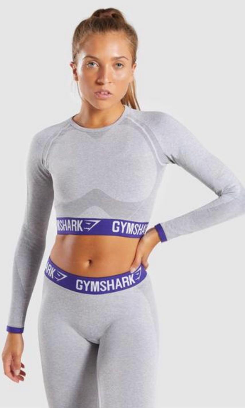 Brand new with tag Gymshark Long sleeve crop top light grey marl indigo in size S Women s Fashion Tops Sleeveless on Carousell