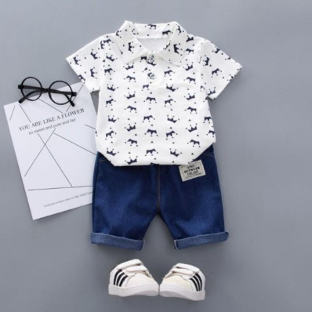 Toddler White Baby Boy Pattern Print Short Sleeve Shirt Blouse