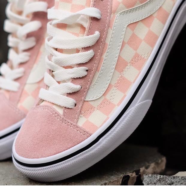 pink and white checkered vans old skool 