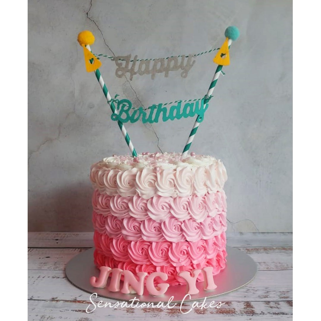 Ombre Pink Rosette Design With Bunting Flag Birthday Girl Theme Cake
