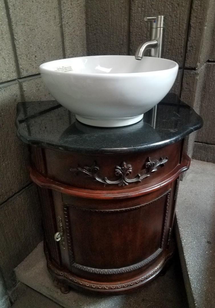WOOD VANITY w/ GRANITE TOP & VESSEL SINK, Furniture & Home Living