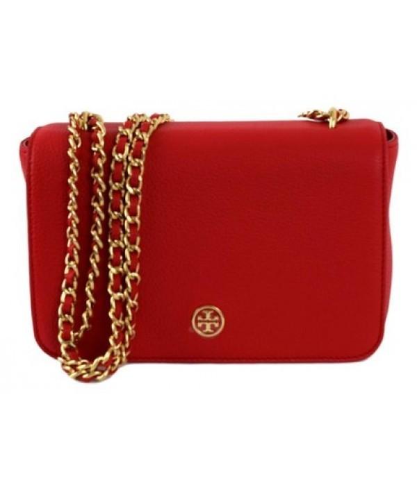 Tory Burch Logo Pebbled Adjustable Chain Shoulder Vermillion Red Pebbled Leather Cross Body Bag