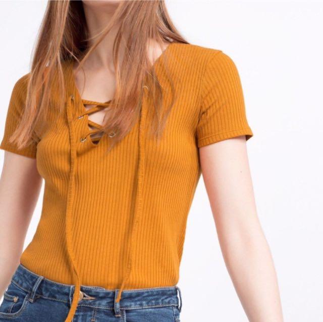 Zara Trafaluc Mustard Yellow Lace Up Ribbed Chic Top Office