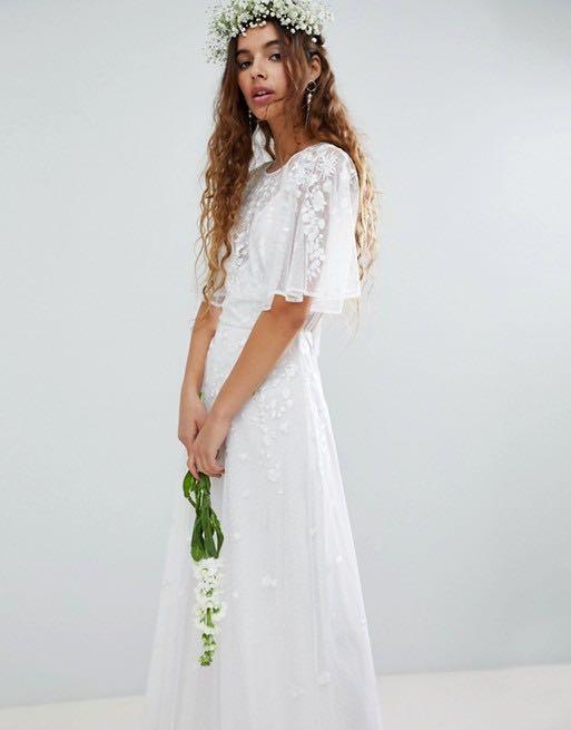 ASOS EDITION Embroidered Flutter Sleeve Maxi Wedding Dress Women s Fashion Muslimah Fashion Dresses on Carousell