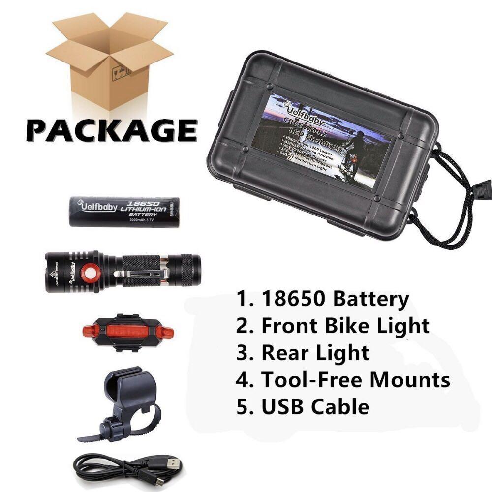 Uelfbaby XM L2 1000 Lumen LED Flashlight Bike Light USB Rechargeable Stepless dimming Taillight Included Firm Mount Cycle Torch Easy Install Fits All
