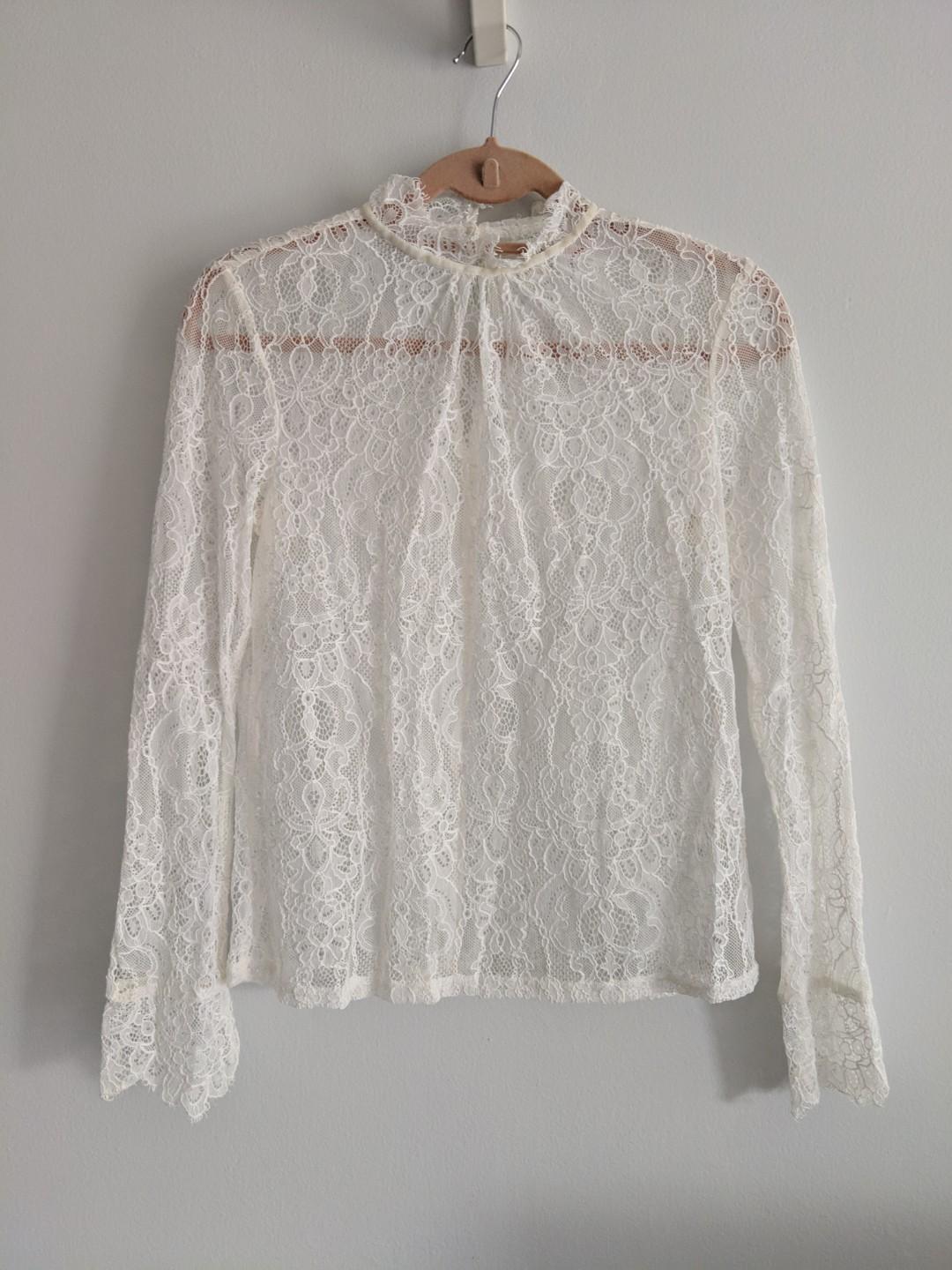 H\u0026M white lace blouse long sleeve 
