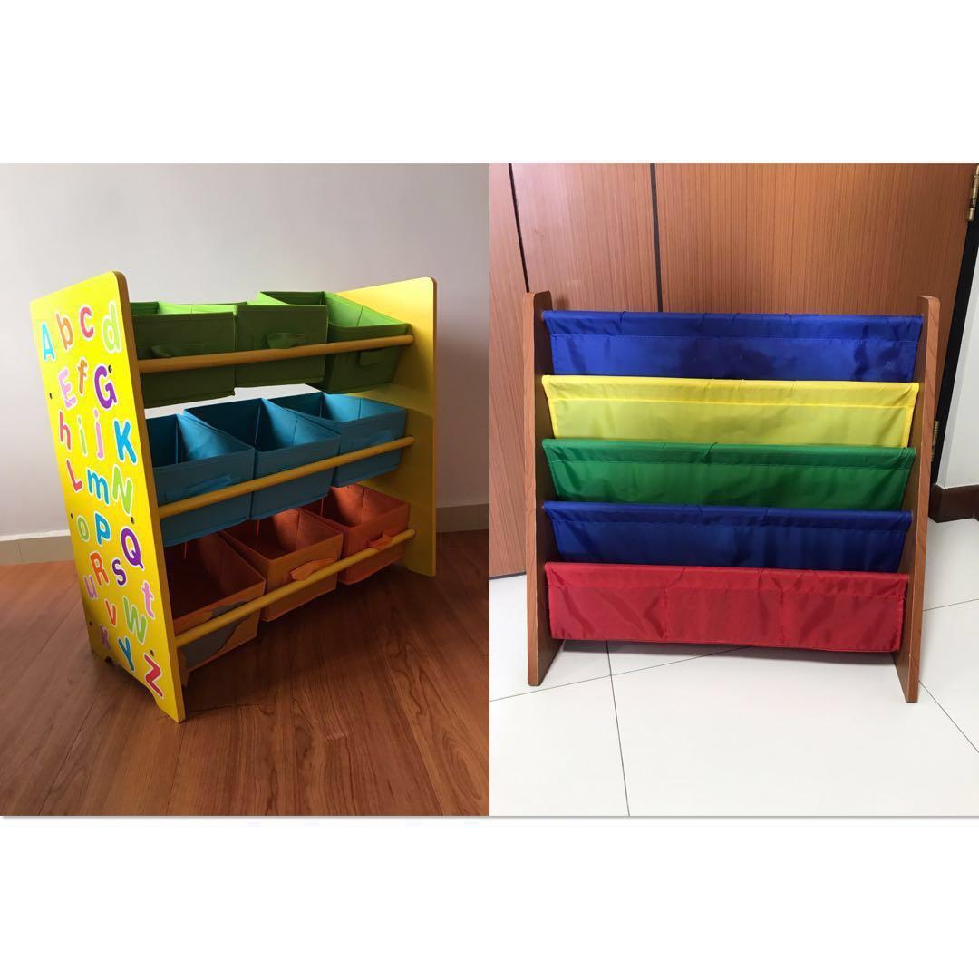 Set Of 2 Wooden Toy Storage Organiser Rack Shelves With 9