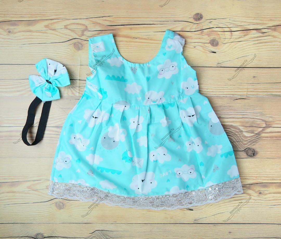 Dress Bayi Anak Dengan Headband Motif Awan Warna Biru Babies