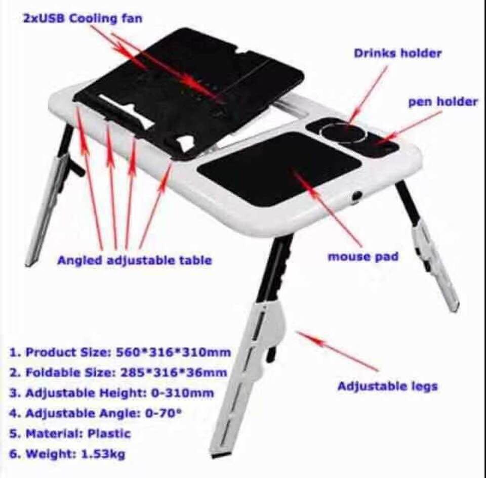 Foldable Laptop with Cooler (Category: Laptops & Notebooks) located in Taguig. Submitted by closetcompany (Listing ID 217635482, Image 2). Description: #freeshippingshopee #cod sc * Fits for any kind of notebook or laptop * Made of Plastic * Can easily folded to minimize space * 2 x USB Cooling Fan * Drinks and Pen Holder * Angled Adjustable Table * With Mouse Pad * Adjustable Legs * Product Size : 560 x 360 x 310 mm * Foldable Size : 285 x 316 x