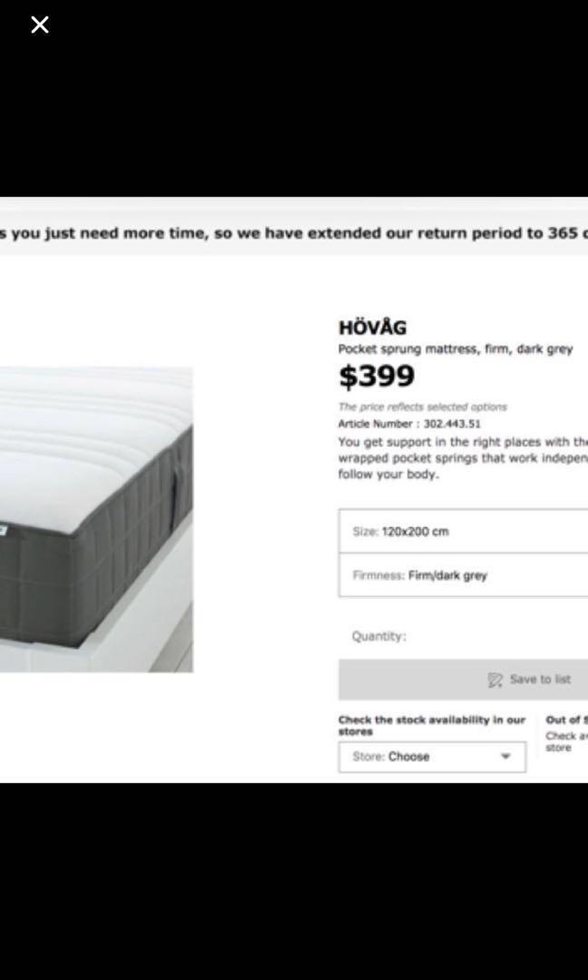 Ikea Hovag Pocket Sprung Mattress Super Single 120x200