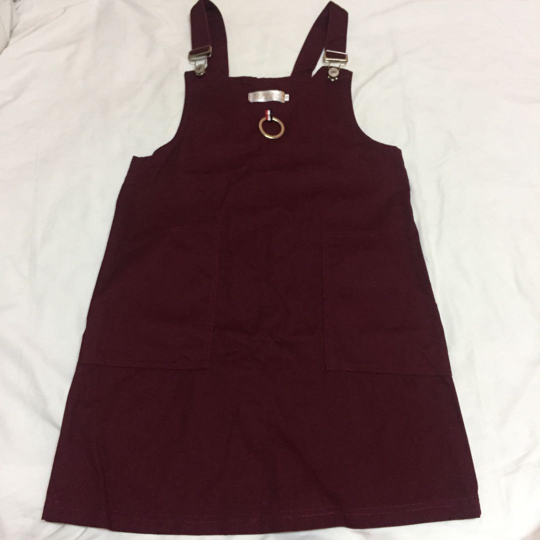 maroon dungaree dress