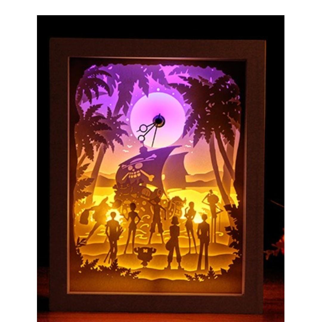 One Piece 3d Paper Night Light Shadow Box With Clock Design