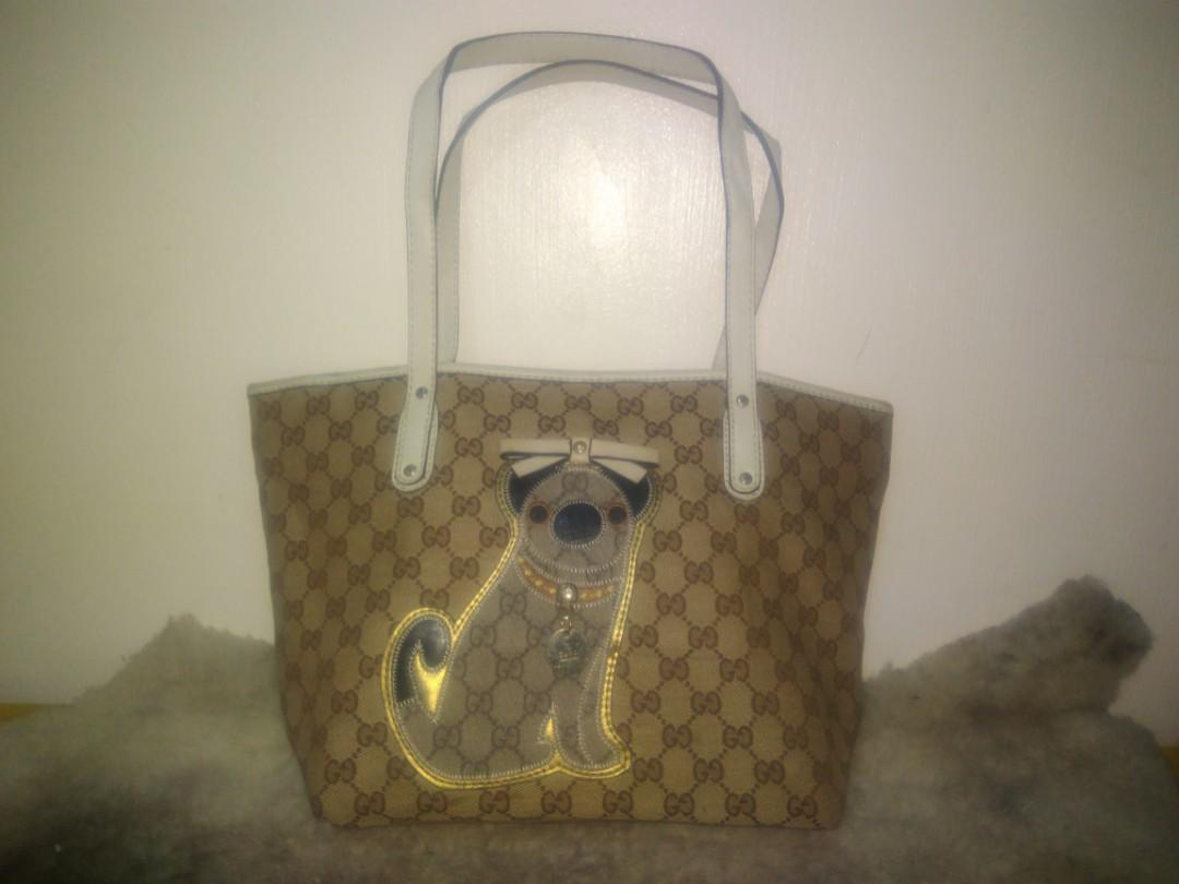 GUCCI Guccioli Large Tote Bag Pug Dog Oliver Canvas BIg Size Used 212373  492783