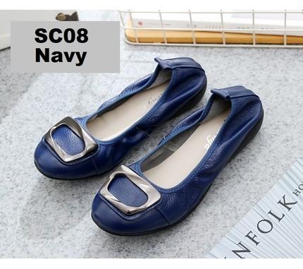 ladies navy blue leather flat shoes