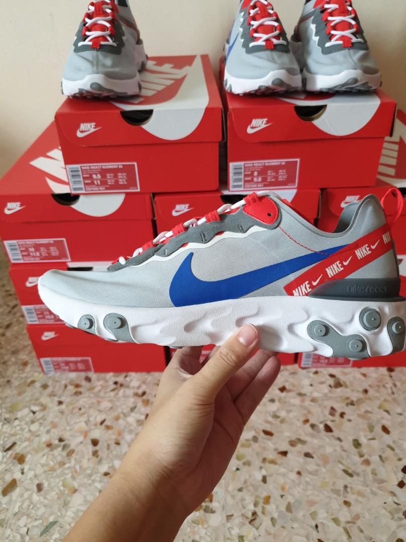 Nike React Element 55 Wolf Grey-Game Royal-Habanero Red, Fashion, Sneakers on