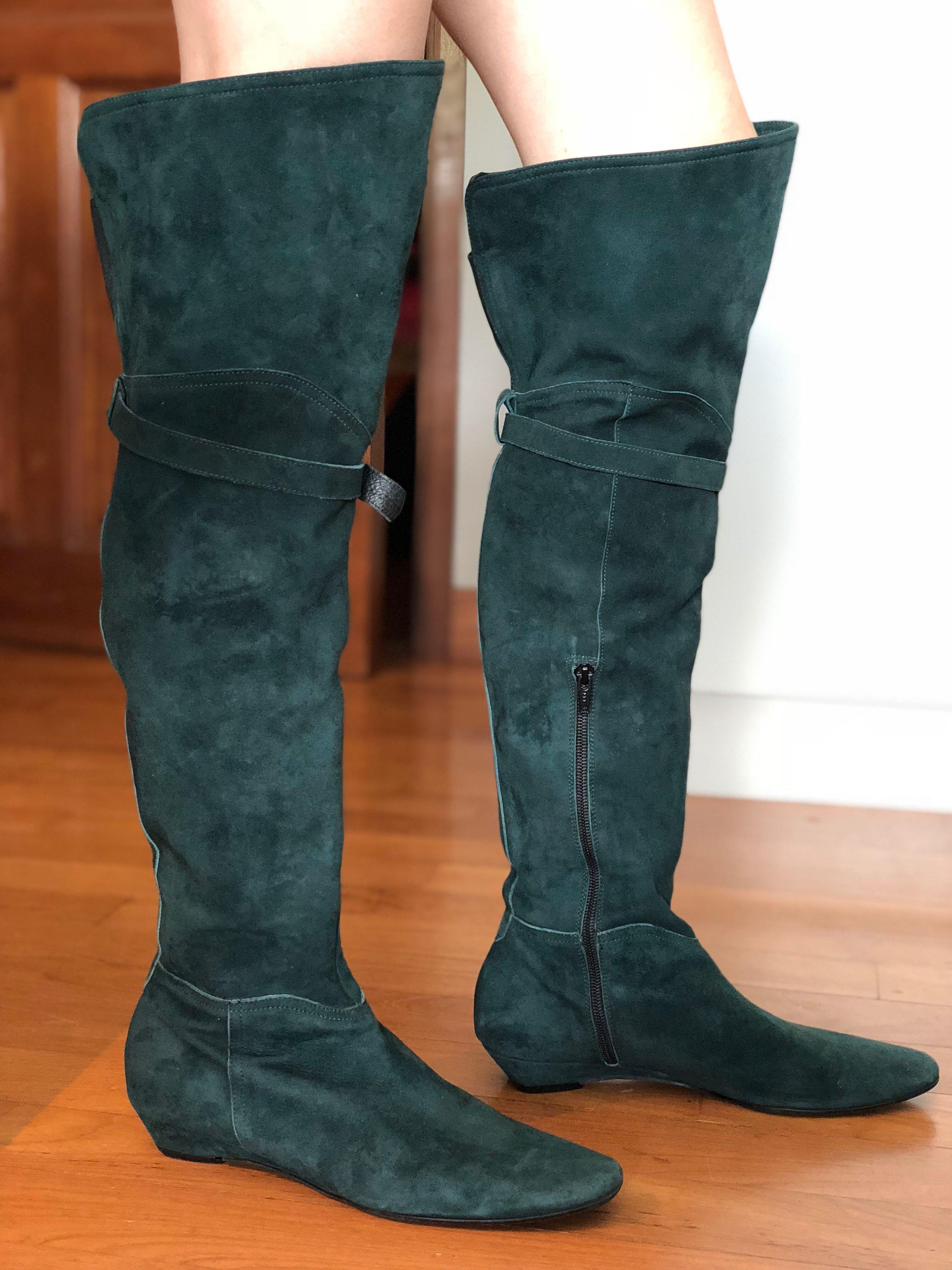 green suede thigh high boots