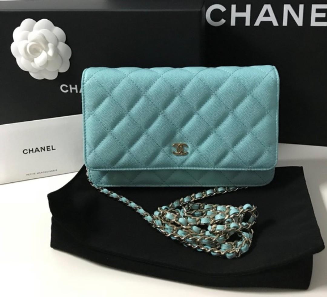 Chanel WOC wallet on chain cruise 19c collection. Tiffany blue caviar.  Brand new, full set., Luxury, Bags & Wallets on Carousell