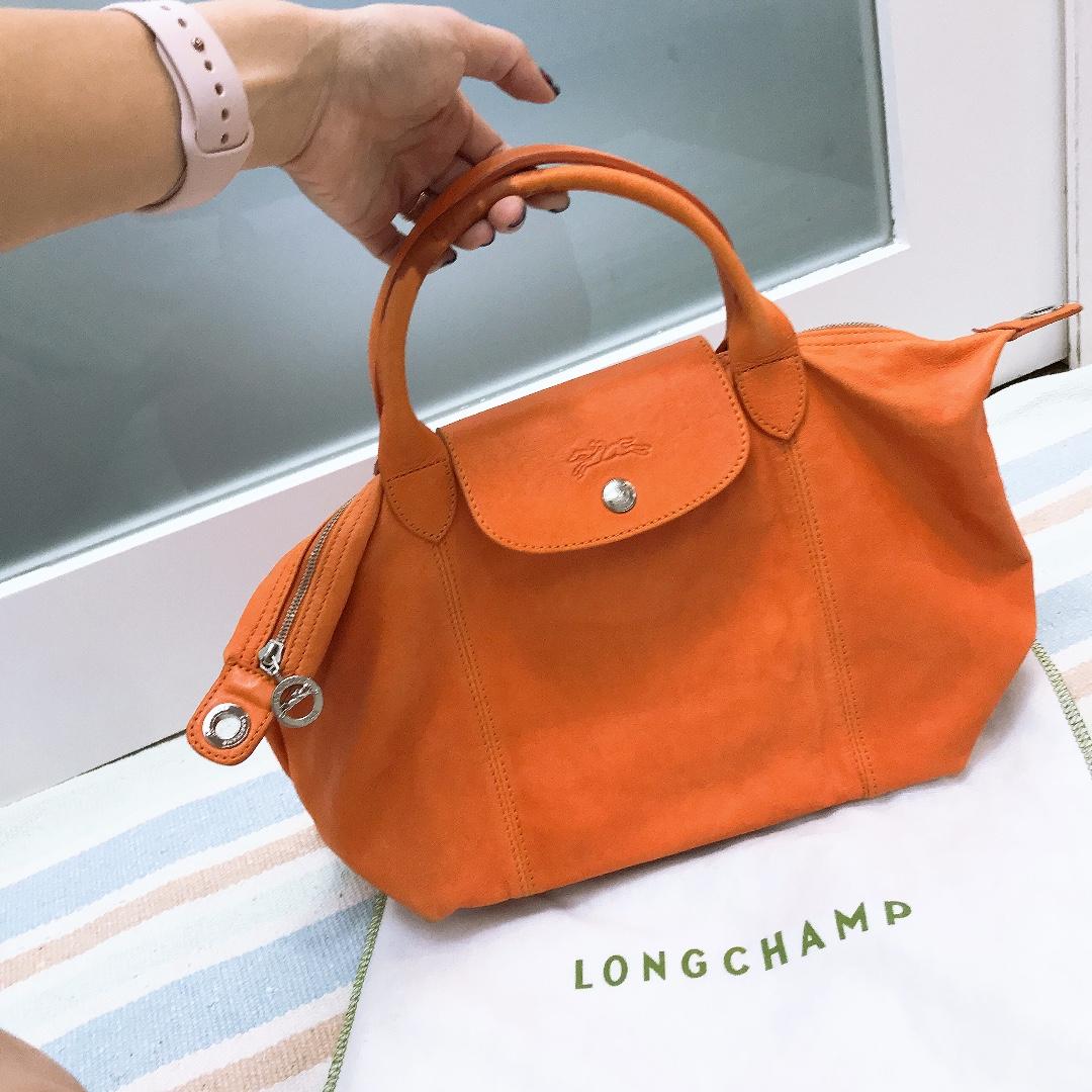 Longchamp authentic ORANGE 100% LEATHER Le Pliage Cuir Medium Top
