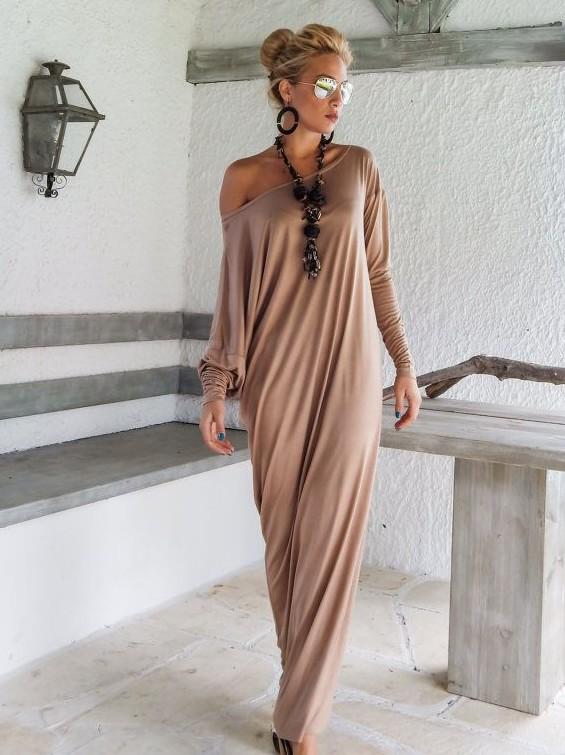 Off shoulder sexy long dress Nude color