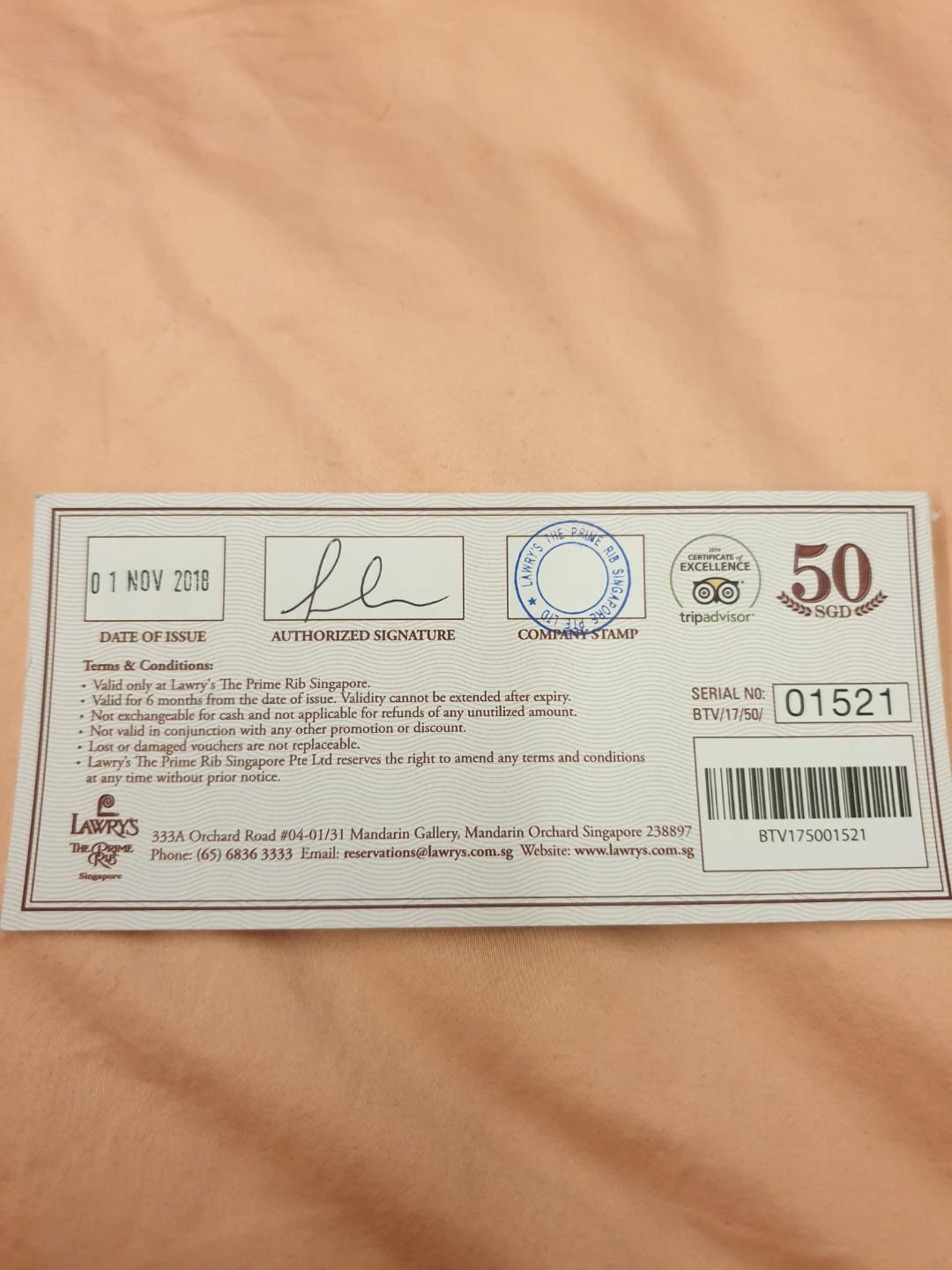 Lawrys prime rib cash voucher, Tickets & Vouchers, Vouchers on Carousell