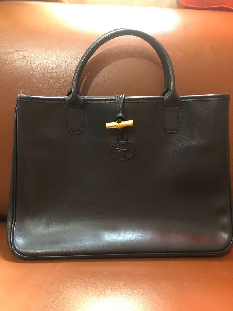 VINTAGE Longchamp Roseau Black Calf Leather Tote Bag from Japan