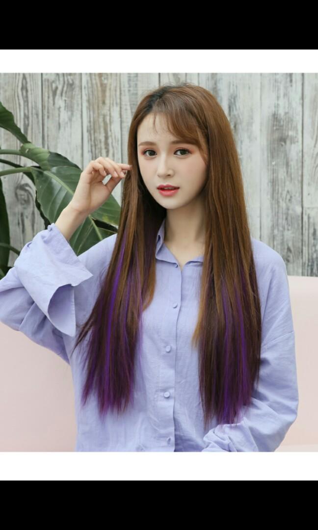 Instock light brown to purple ombre two tone gradient clip on straight hair  extension * used twice lightly for event still in good condition* chat to  buy if int, Beauty & Personal