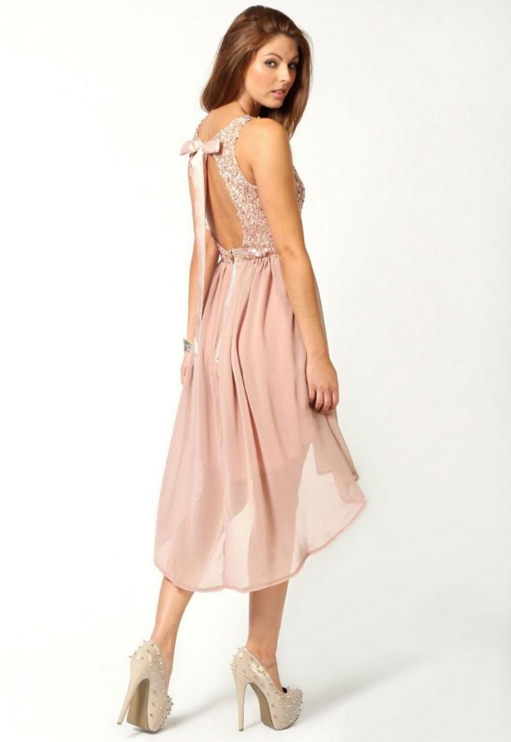 pending Boohoo Sequin Top Open Back Chiffon Dip Hem Dress