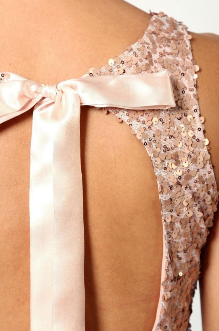 Sequin top open back chiffon dip hot sale hem dress