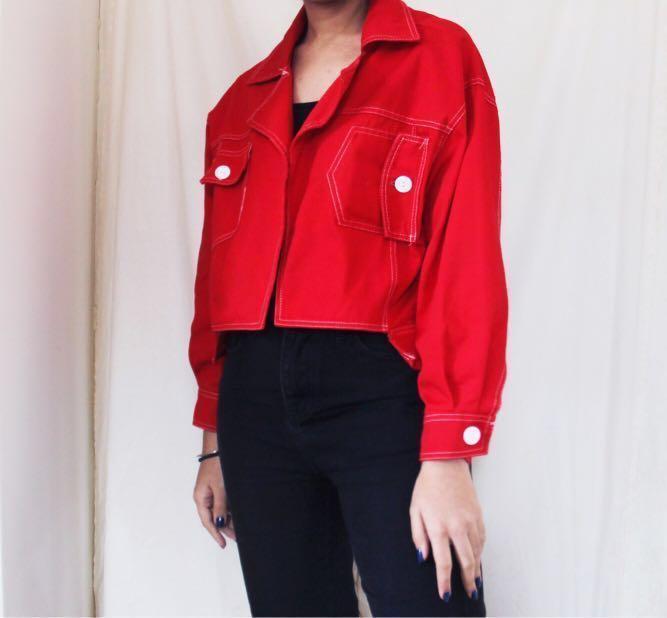 Retro Red Contrast Stitch Denim Jacket FREE NM SHIPPING Women s Fashion Coats Jackets and Outerwear on Carousell