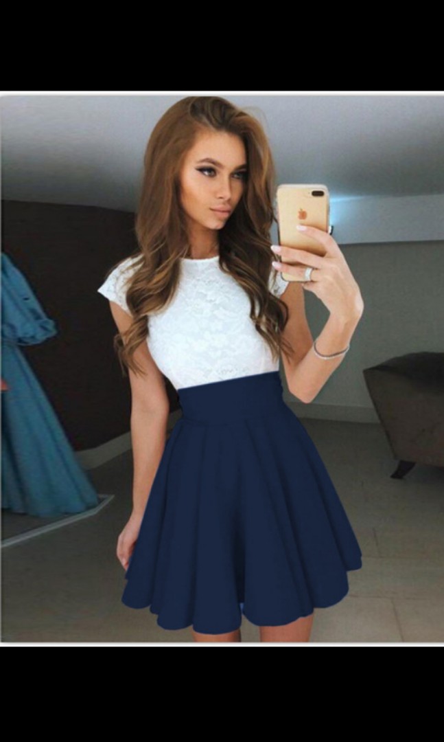 Women s Navy Blue Short Sleeve Lace Top Chiffon Skater Dress Women s Fashion Tops Sleeveless on Carousell